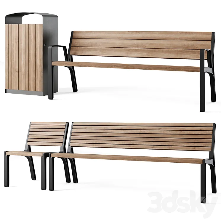 Miela park benches with litter bin Prax by mmcite 3DS Max