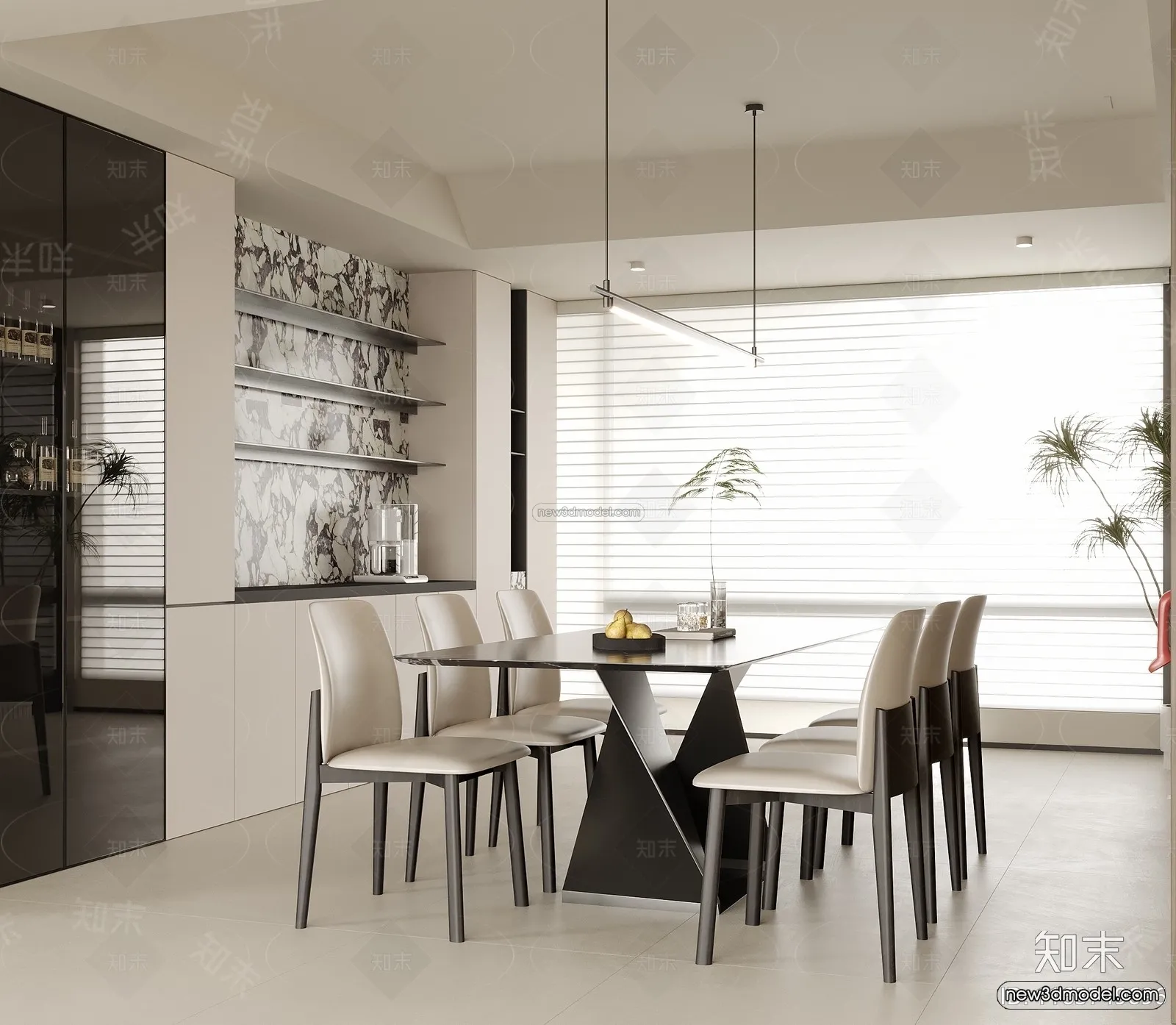 Minimalist Style Interior 3D Blocks – Dining Room 3D Model – 229 – VRAY