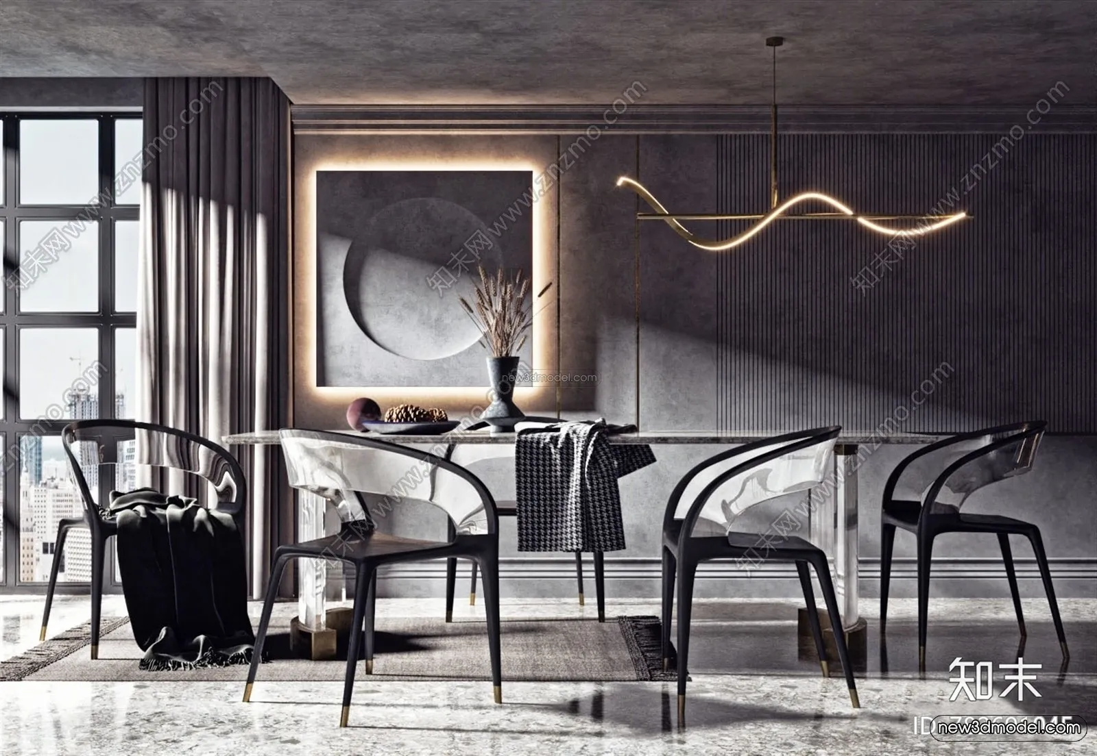 Minimalist Style Interior 3D Blocks – Dining Room 3D Model – 234 – VRAY