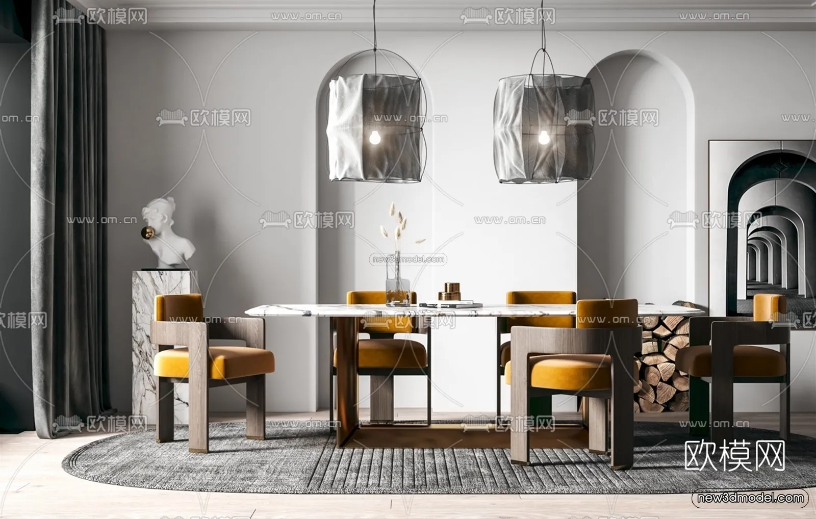 Minimalist Style Interior 3D Blocks – Dining Room 3D Model – 237 – VRAY