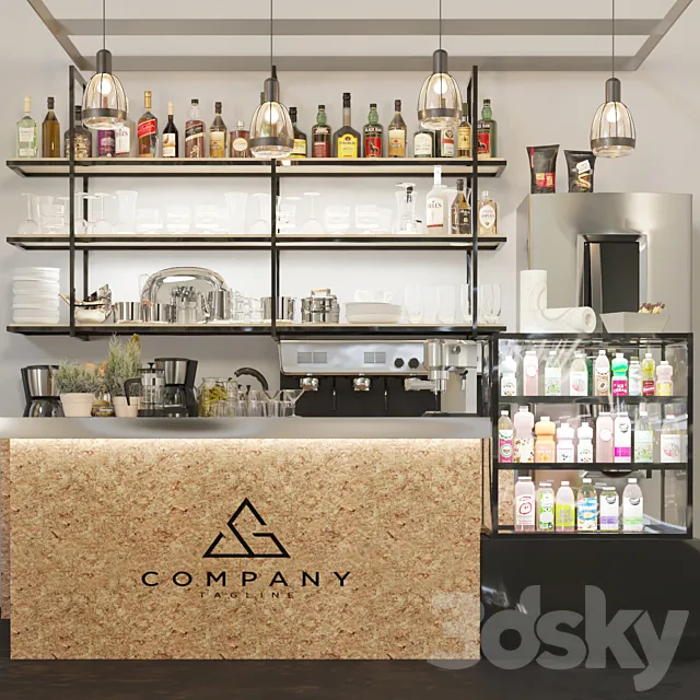 Minimalistic design of a pub with strong alcohol and a coffee machine. Cocktail 3ds Max