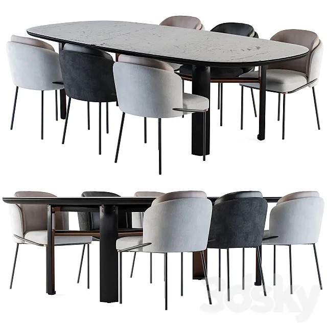 Minotti Dinning – Lou Table and Chair Black and White 3DSMax File