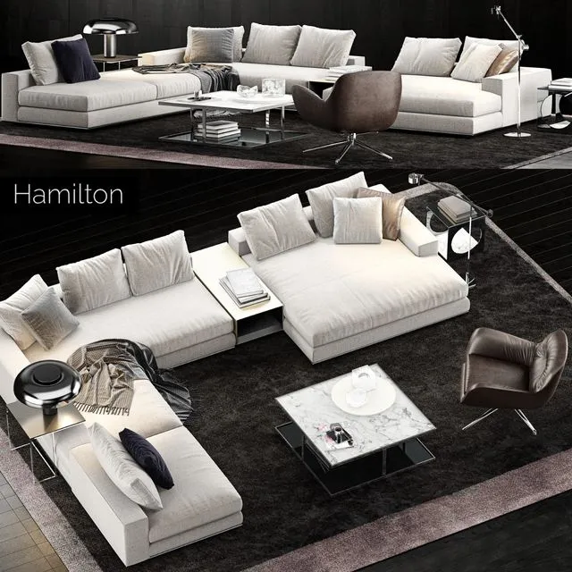 Minotti Hamilton Sofa with table armchair lamp decor 3dsMax Model