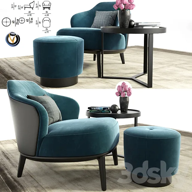 Minotti Leslie Armchair & Coffee Table With pouf 3ds Max