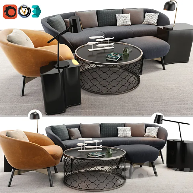 Minotti Russell Arm Chair And Sofa Set 3DS Max Model