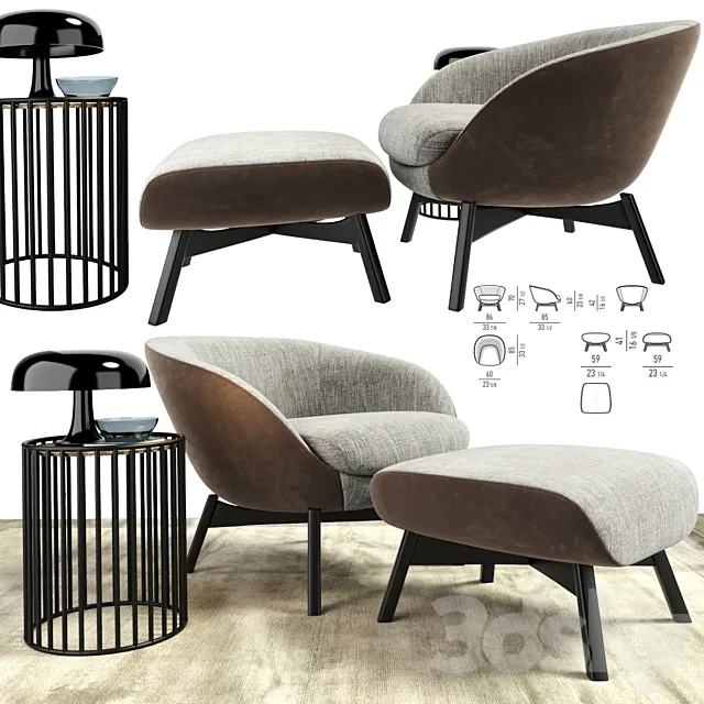 Minotti Russell Arm Chair With Ottoman And Table 3DSMax File