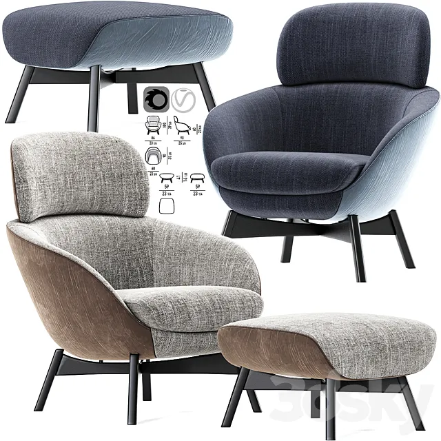 Minotti Russell Arm Chair With Pouf 3DS Max Model