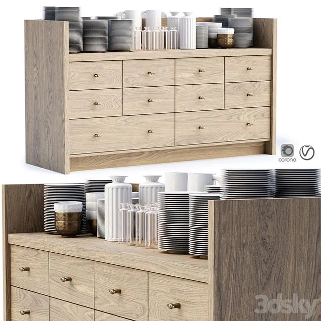 Mira restaurant cabinet with dishes V1 Wooden sideboard with dishes 3dsMax Model