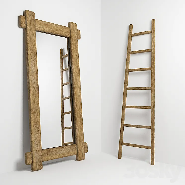 Mirror and stepladder in the style of country. Mirror and ladder in rustic style 3DS Max