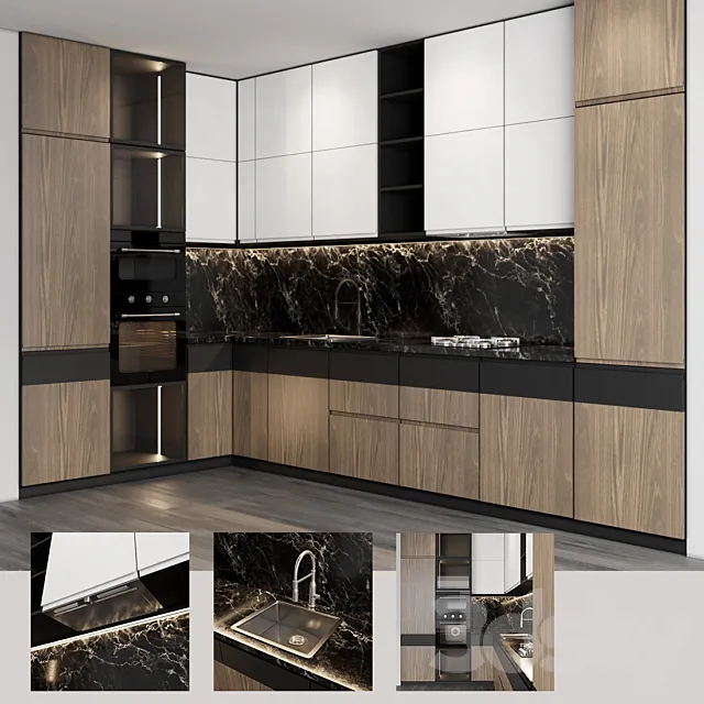 Modern kitchen with wood facades 3DS Max Model