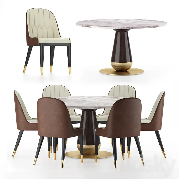 Modern mid century beige leather dining chair & Versace Vasmara Dining Table 3DS Max Model