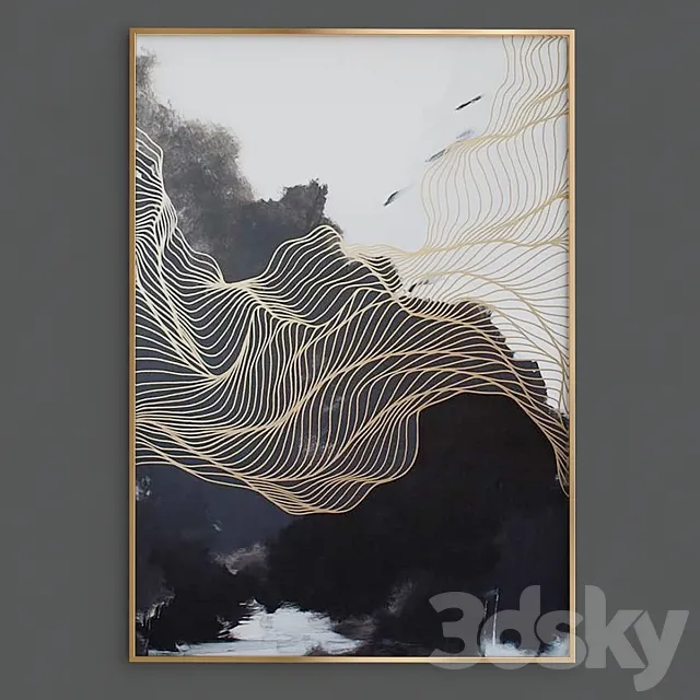 Modern simple abstract print ink gold lines Canvas Painting Picture 3ds Max