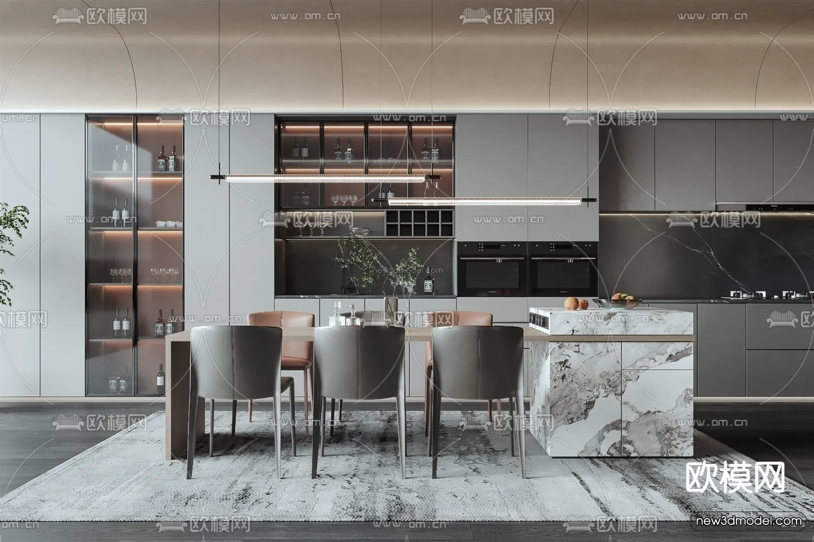 Modern Style Interior 3D Blocks – Dining Room 3D Model – 157 – VRAY