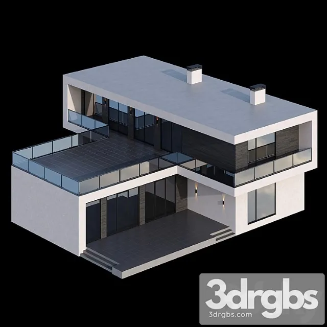 Modern two-storey cottage with a flat roof and a large bauhaus-style terrace 3dsmax Download