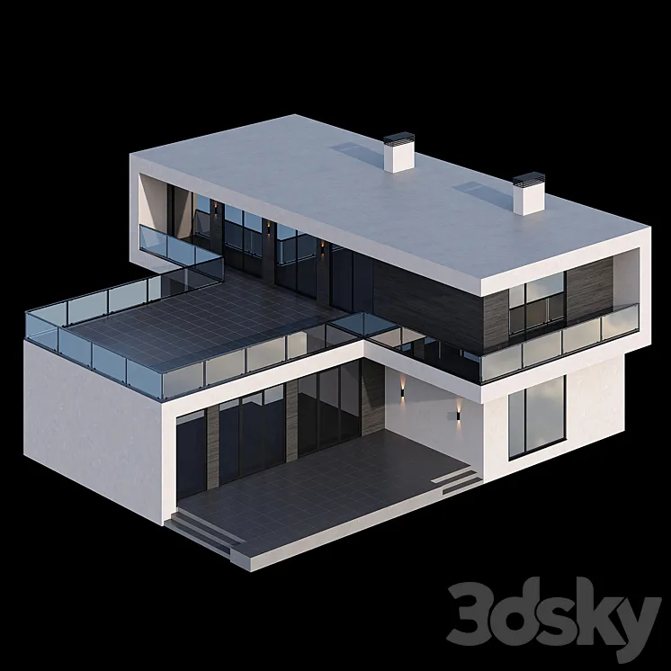 Modern two-storey cottage with a flat roof and a large Bauhaus-style terrace 3DS Max