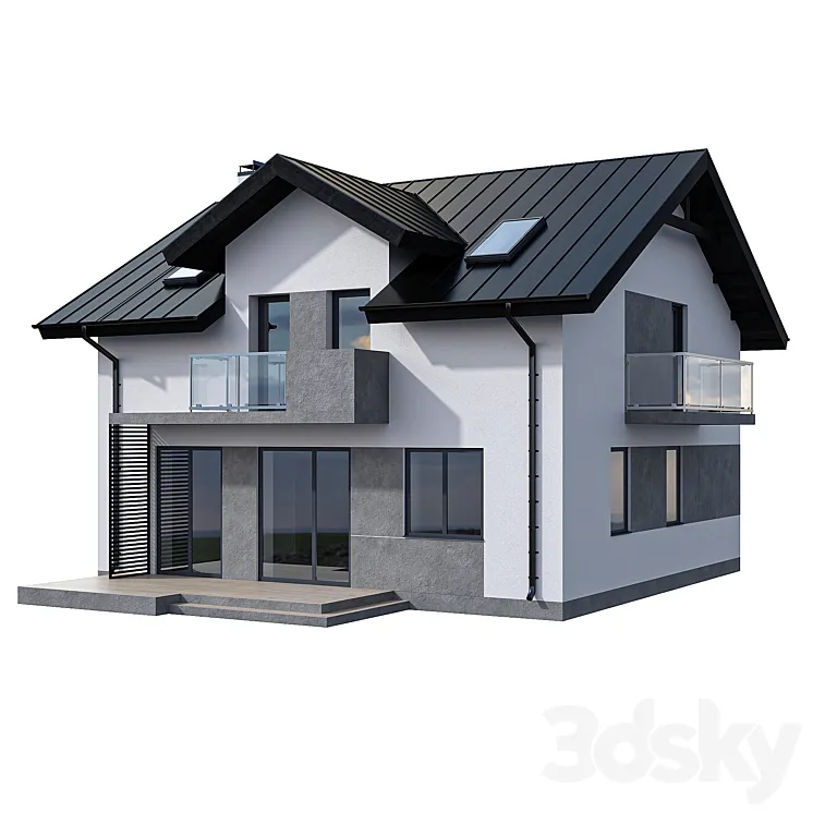 Modern two-storey cottage with two balconies and dormers 3DS Max