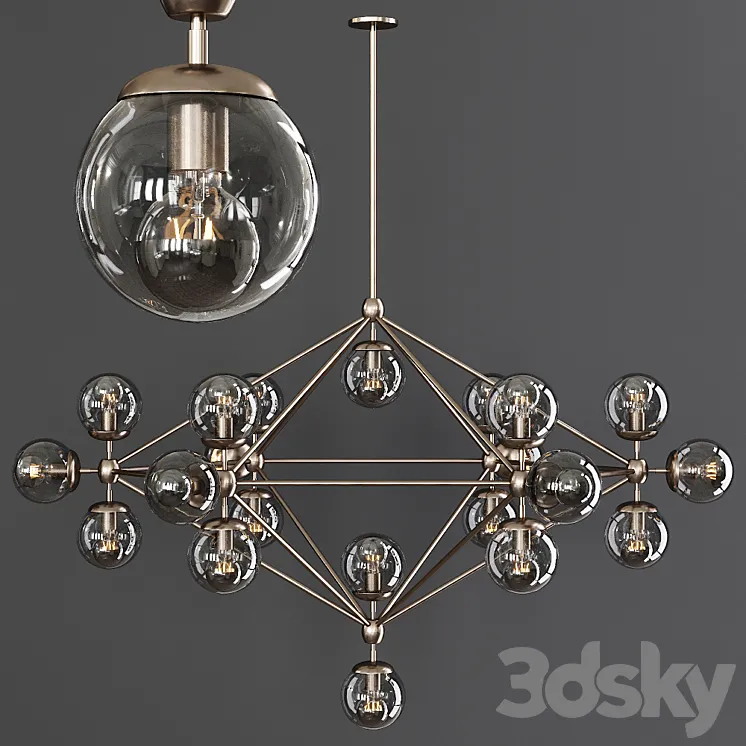 Modo 6 Sided Chandelier 21 Globes Bronze and Gray Glass 3DS Max