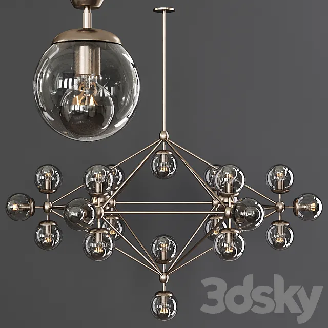 Modo 6 Sided Chandelier 21 Globes Bronze and Gray Glass 3DSMax File