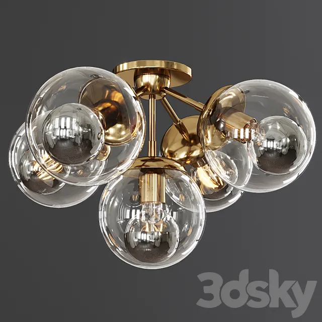 Modo Ceiling Mount 5 Globes Brushed Brass and Clear Glass 3DS Max Model