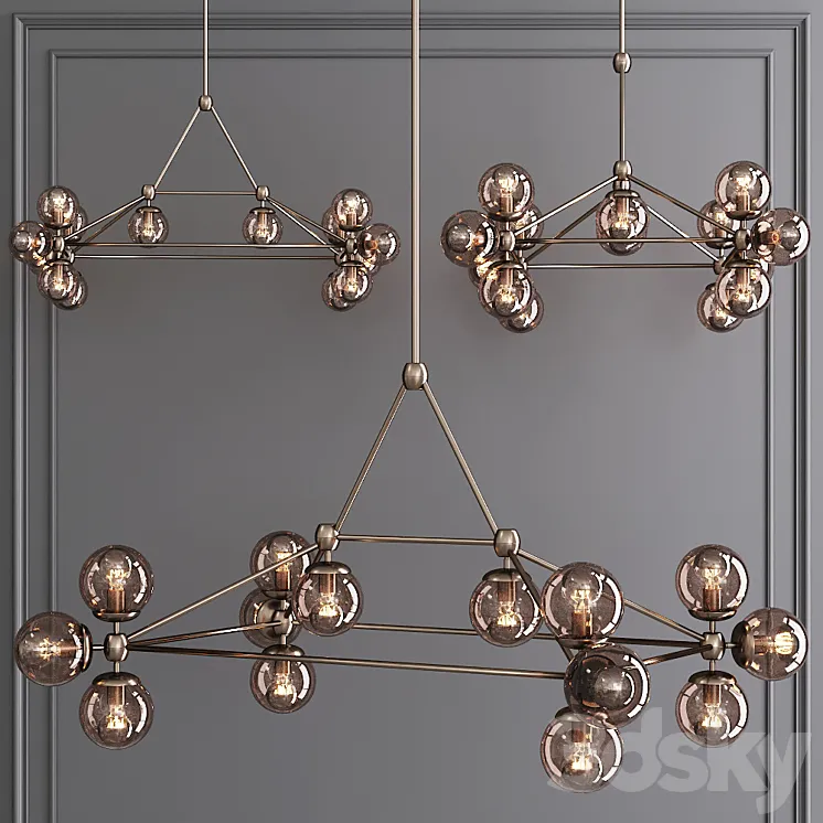 Modo Rectangle Chandelier 14 Globes Bronze and Smoke Glass 3DS Max