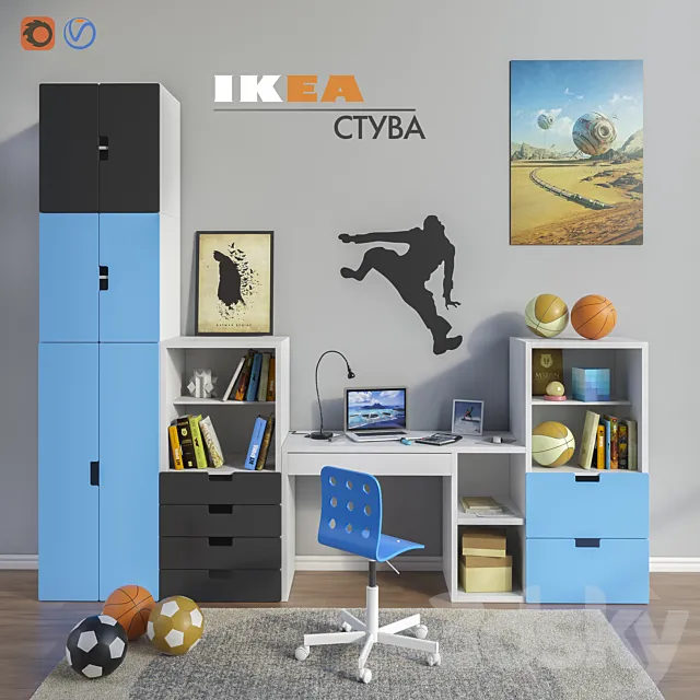 Modular furniture and accessories for a children’s room IKEA set 1 3ds Max