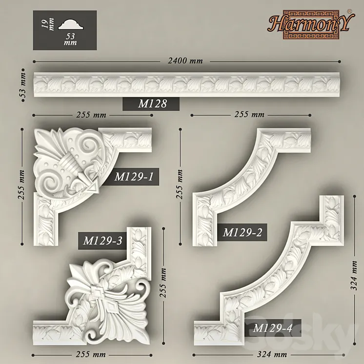 Molding ornamental corner pieces "Harmony" (M128) 3DS Max