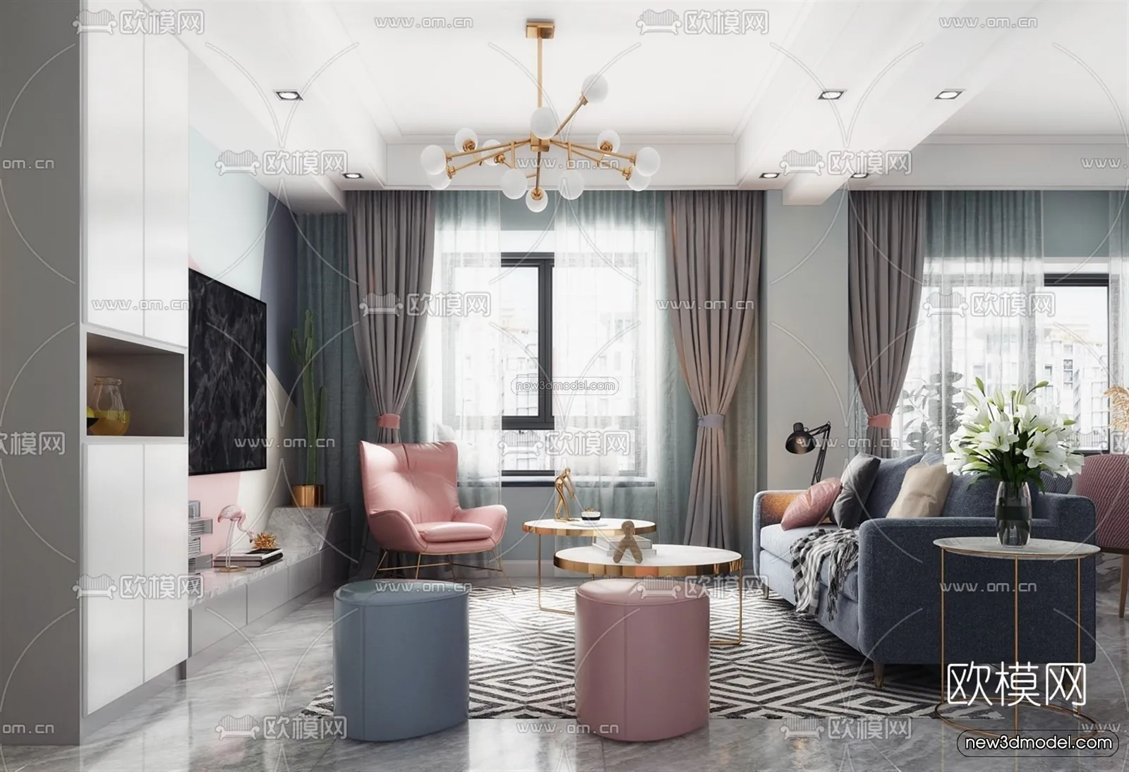 Morandi Style Interior 3D Blocks – Living Room 3D Scene – 047 – VRAY