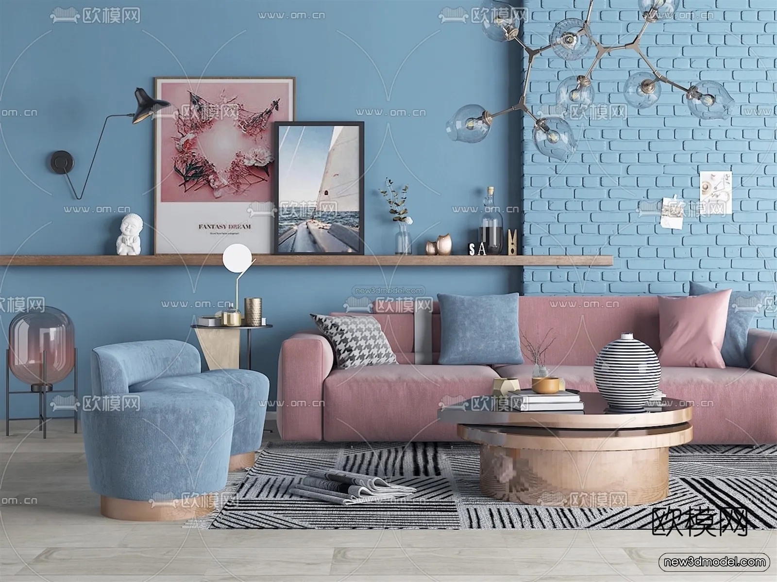 Morandi Style Interior 3D Blocks – Living Room 3D Scene – 067 – VRAY