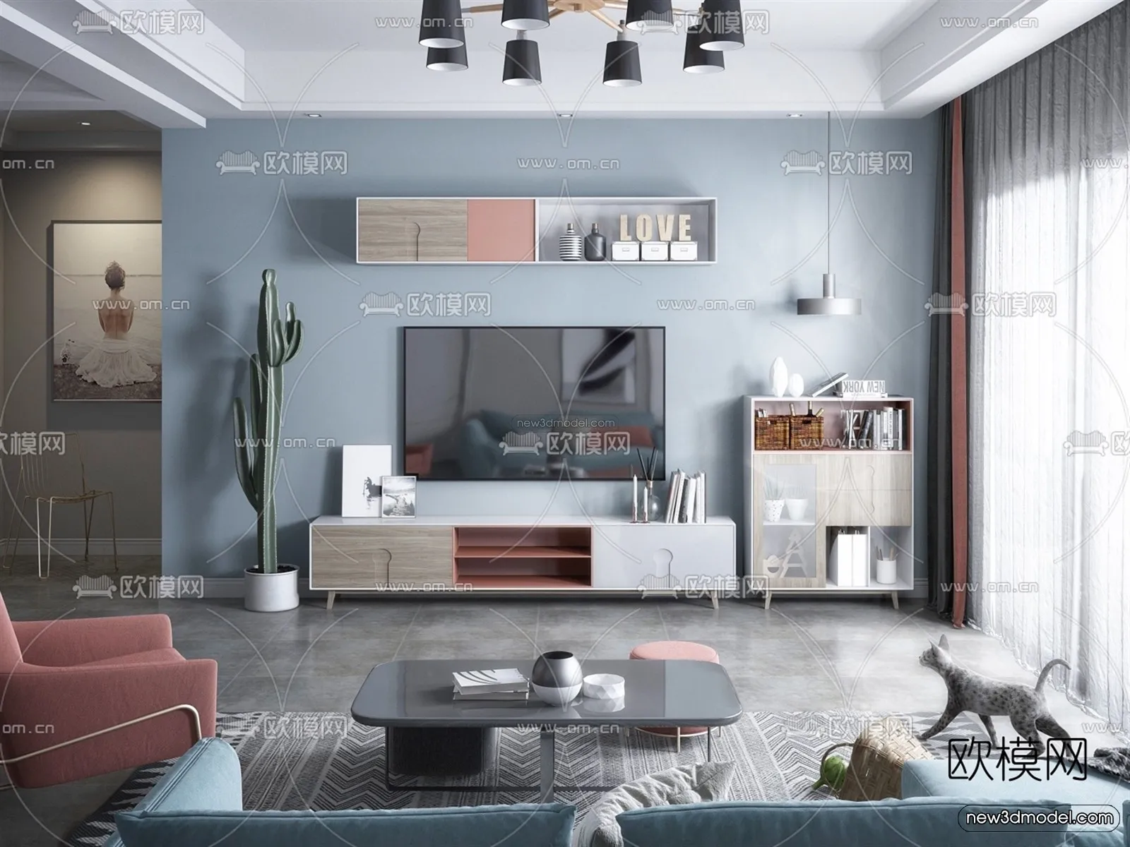Morandi Style Interior 3D Blocks – Living Room 3D Scene – 099 – VRAY
