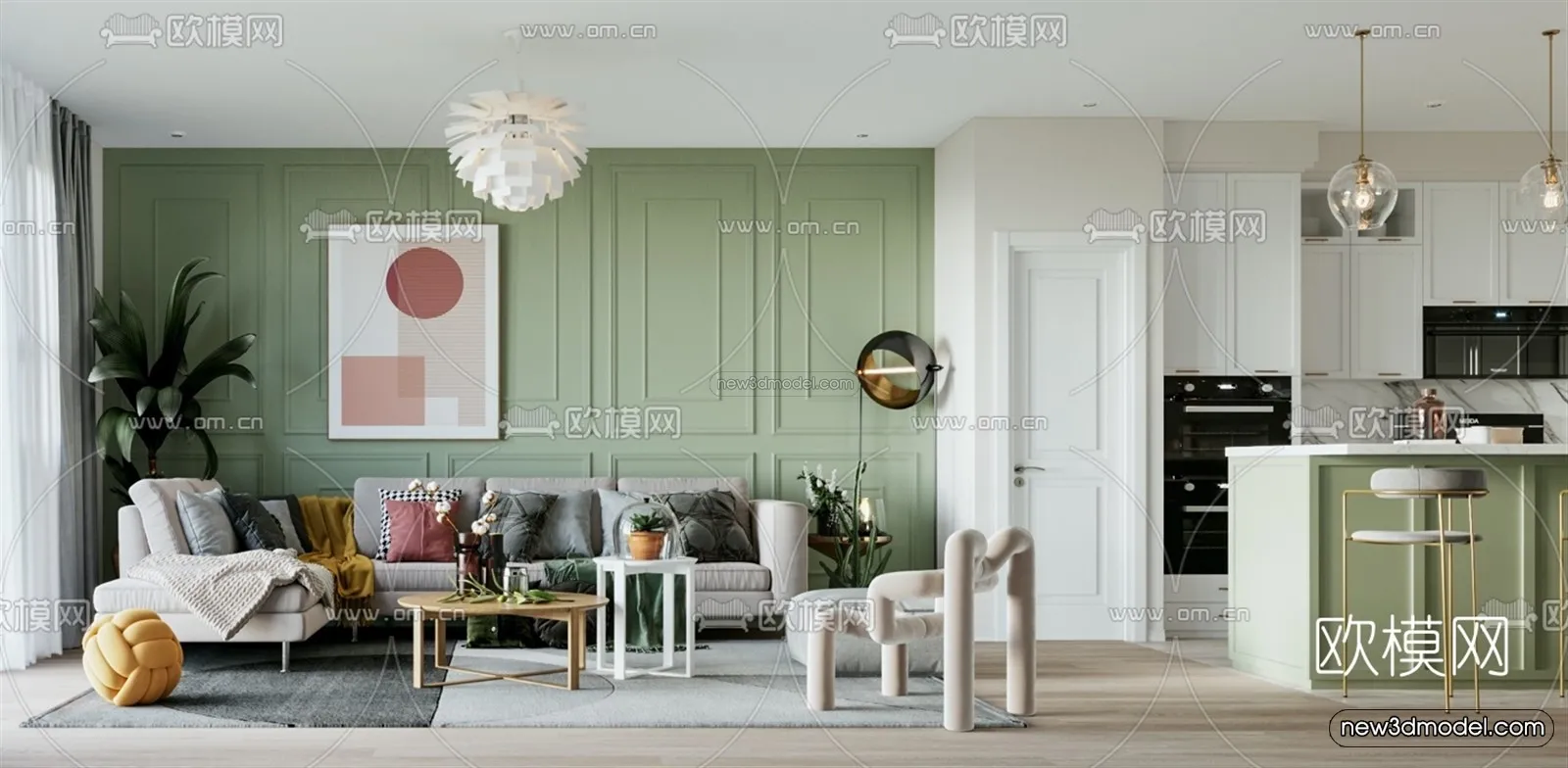 Morandi Style Interior 3D Blocks – Living Room 3D Scene – 116 – VRAY