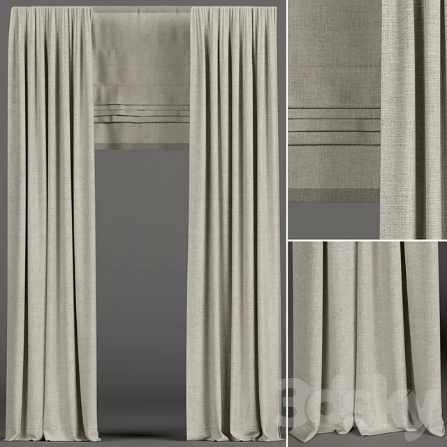 Narrow beige curtains with roman shades. 3DS Max Model