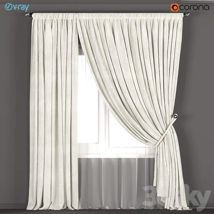 Neutral color curtains made of velvet with a garter on the rope + tulle. 3DS Max