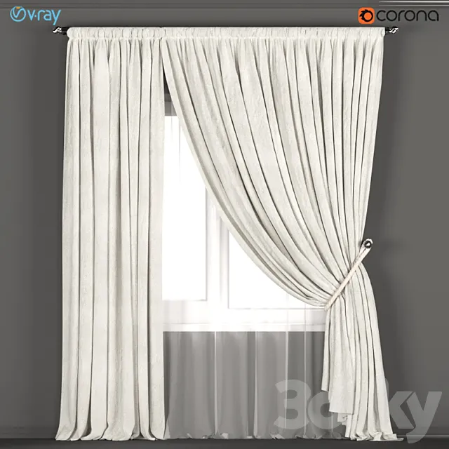 Neutral color curtains made of velvet with a garter on the rope + tulle. 3DSMax File