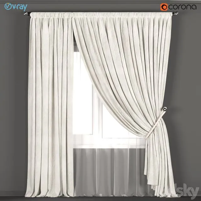 Neutral color curtains made of velvet with a garter on the rope + tulle 3dsMax Model