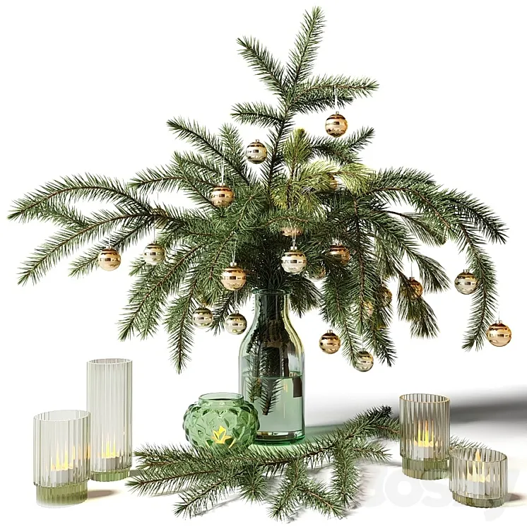 New Year's bouquet of fir branches in a glass vase 3DS Max