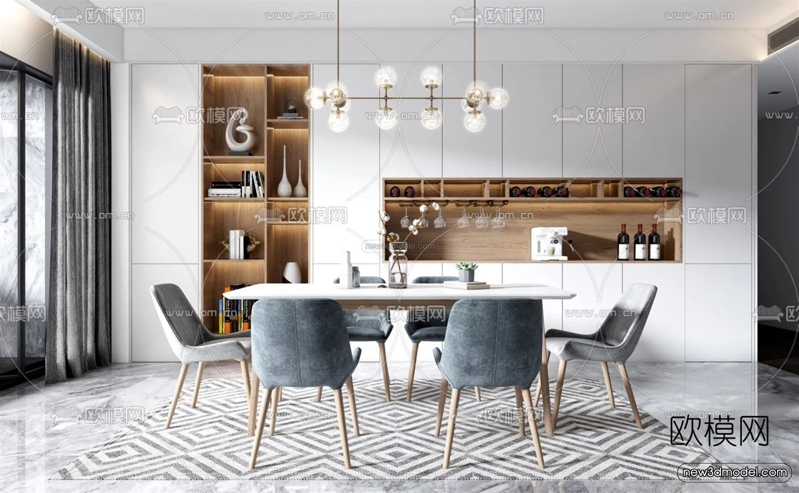 Nordic Style Interior 3D Blocks – Dining Room 3D Model – 382 – VRAY