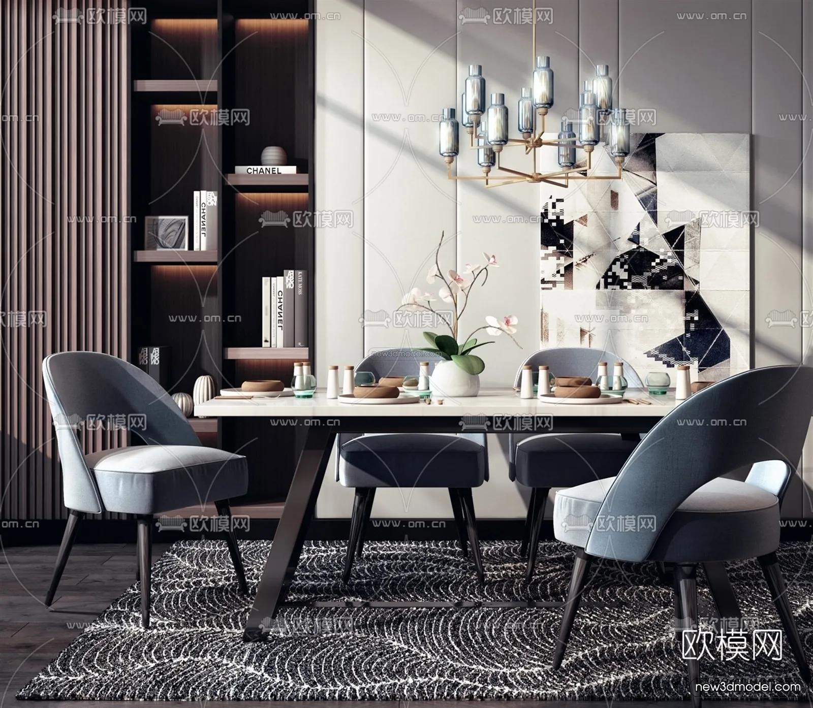Nordic Style Interior 3D Blocks – Dining Room 3D Model – 385 – VRAY
