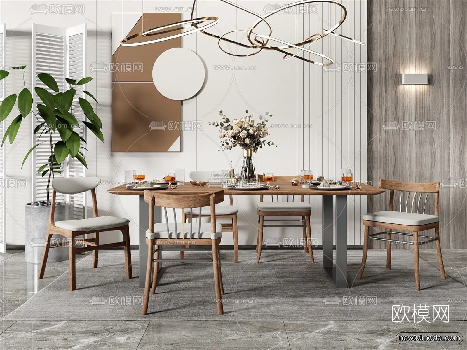 Nordic Style Interior 3D Blocks – Dining Room 3D Model – 393 – VRAY