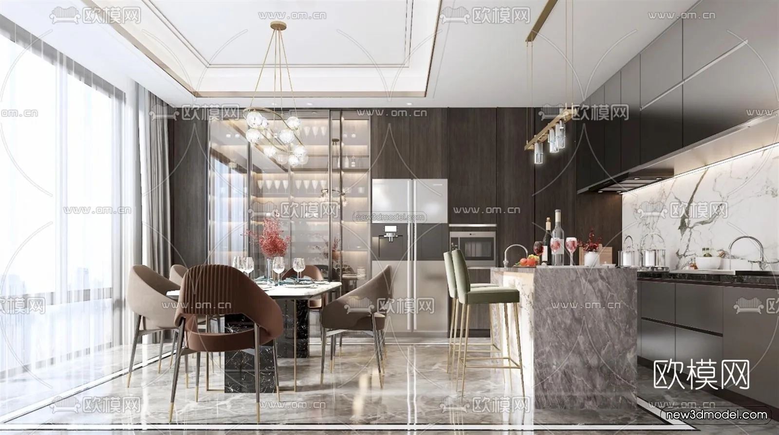 Nordic Style Interior 3D Blocks – Dining Room 3D Model – 395 – VRAY
