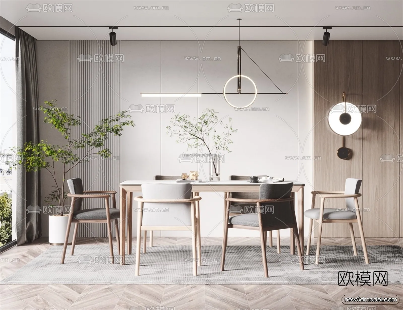 Nordic Style Interior 3D Blocks – Dining Room 3D Model – 410 – VRAY