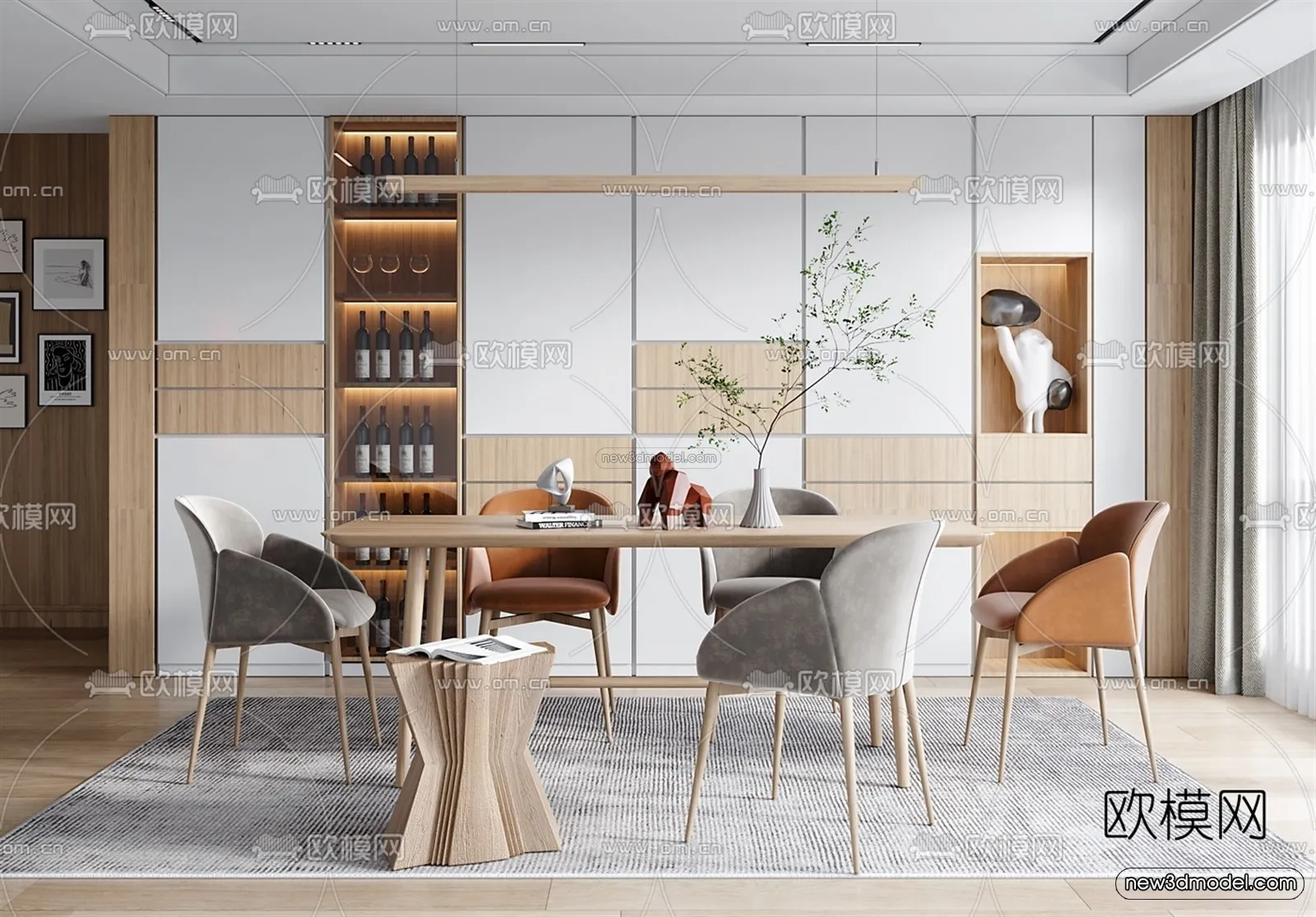 Nordic Style Interior 3D Blocks – Dining Room 3D Model – 415 – VRAY