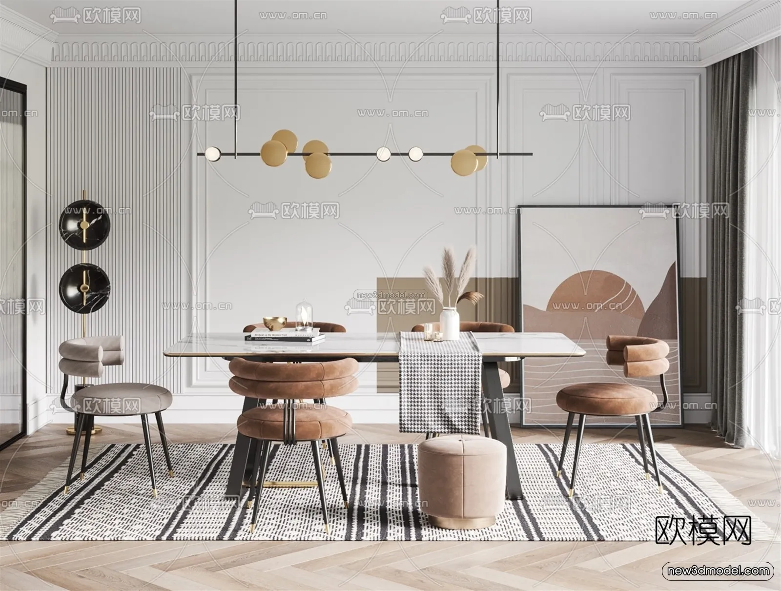 Nordic Style Interior 3D Blocks – Dining Room 3D Model – 423 – VRAY