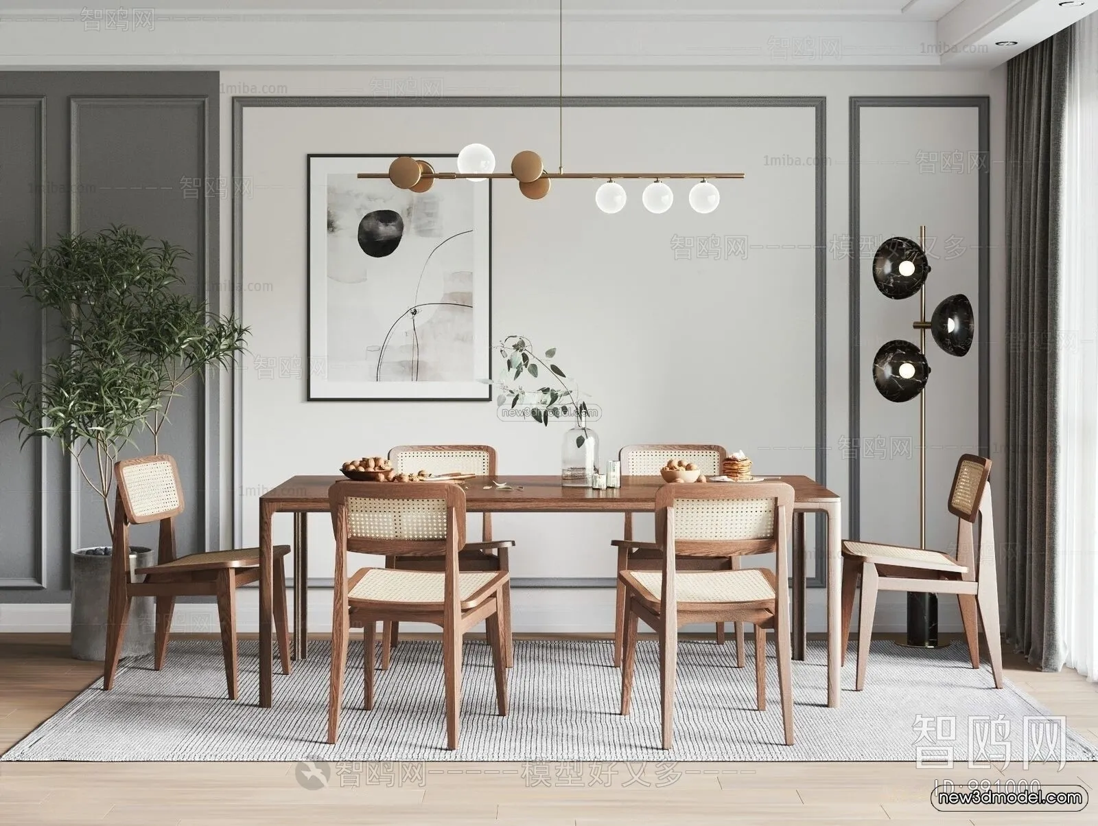 Nordic Style Interior 3D Blocks – Dining Room 3D Model – 424 – VRAY