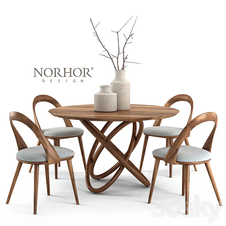 NORHOR Bergen round table and Walnut chair 3DS Max