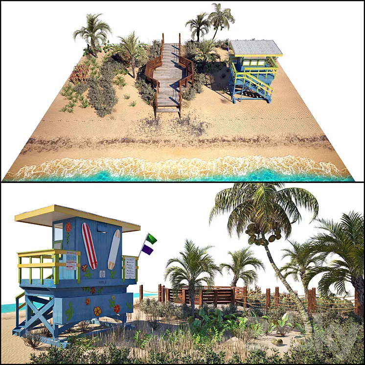 Ocean Beach set and Miami Lifeguard Hut 3DS Max