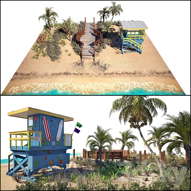 Ocean Beach set and Miami Lifeguard Hut 3DSMax File