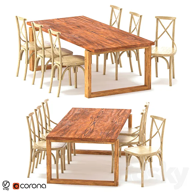 ODGER Table and 6 Teak Cross Back Dining Chair 3DS Max Model