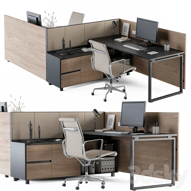 Office Desk Set Cream and Wood 3DS Max