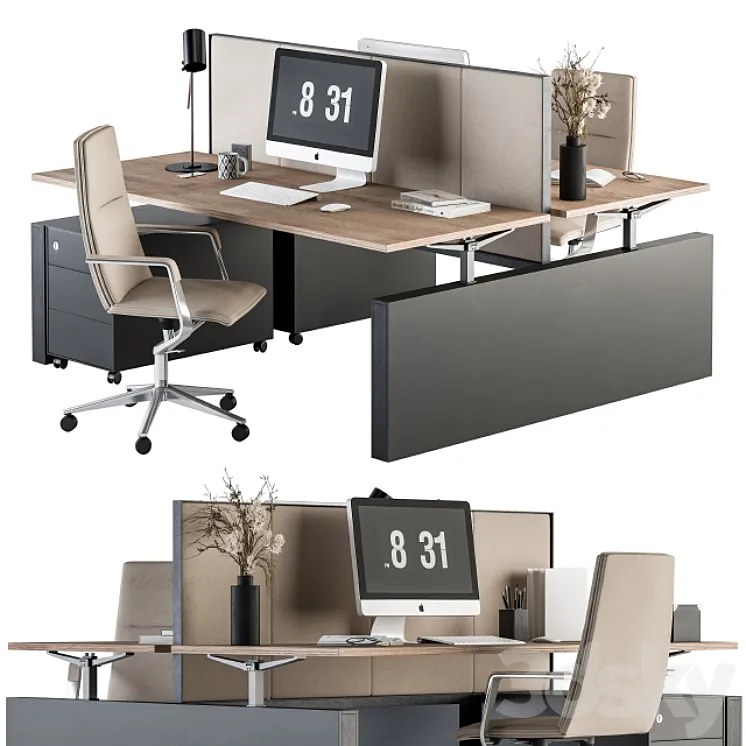Office Furniture – employee Set Cream and Black 36 3DS Max