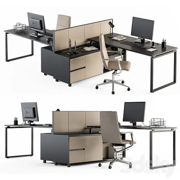 Office Furniture – employee Set Cream and Black 38 3DS Max Model